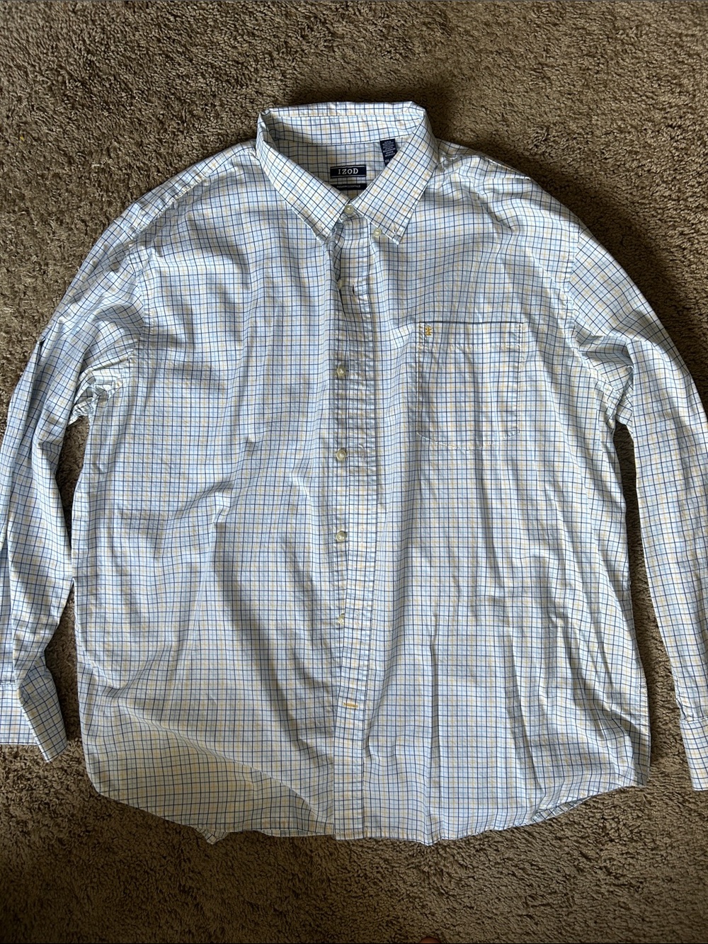 Izod Men’s White Button-Down Shirt with Blue and Yellow Windowpane